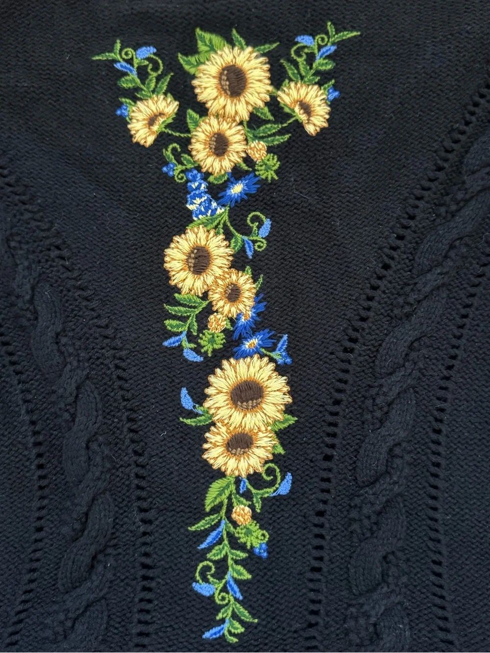 Farm Rio Black Embroidered Sunflower Cable Knit Peplum Sweater Top NWT Medium - Picture 6 of 13